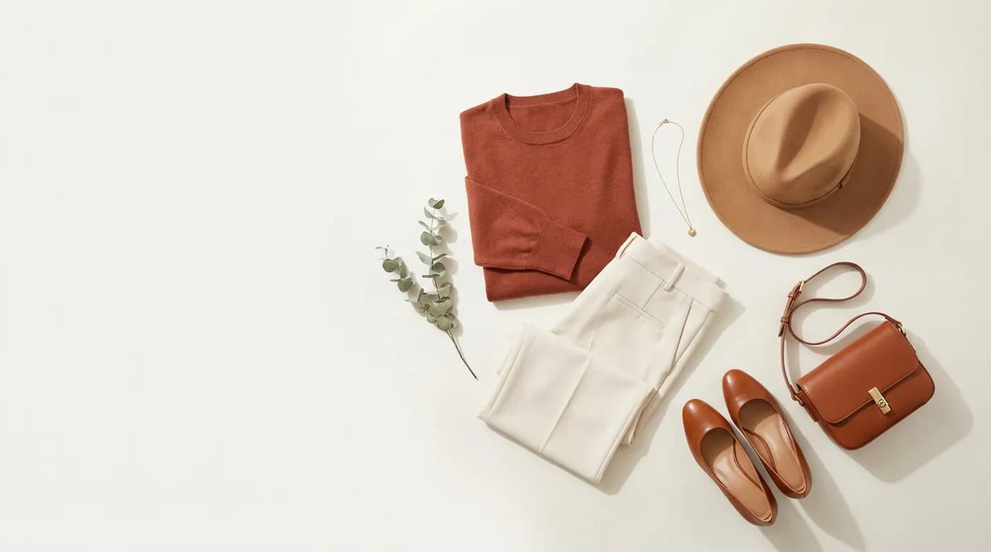 El look de hoy: jersey terracota, pantalón crema, sombrero, botines y bolso